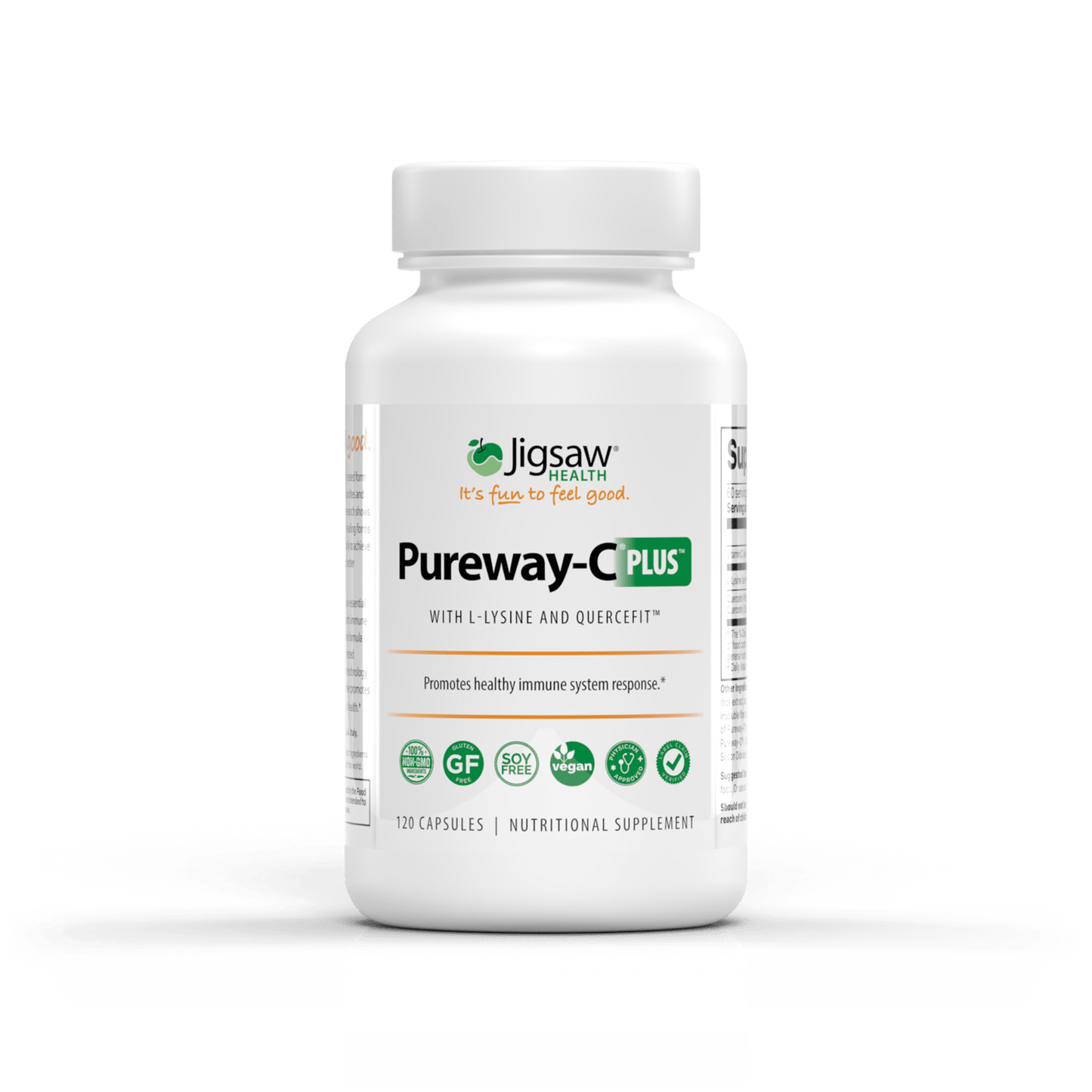 Jigsaw Pureway-C Plus supplement bottle with L-Lysine and Quercifit for immune support and healthy aging