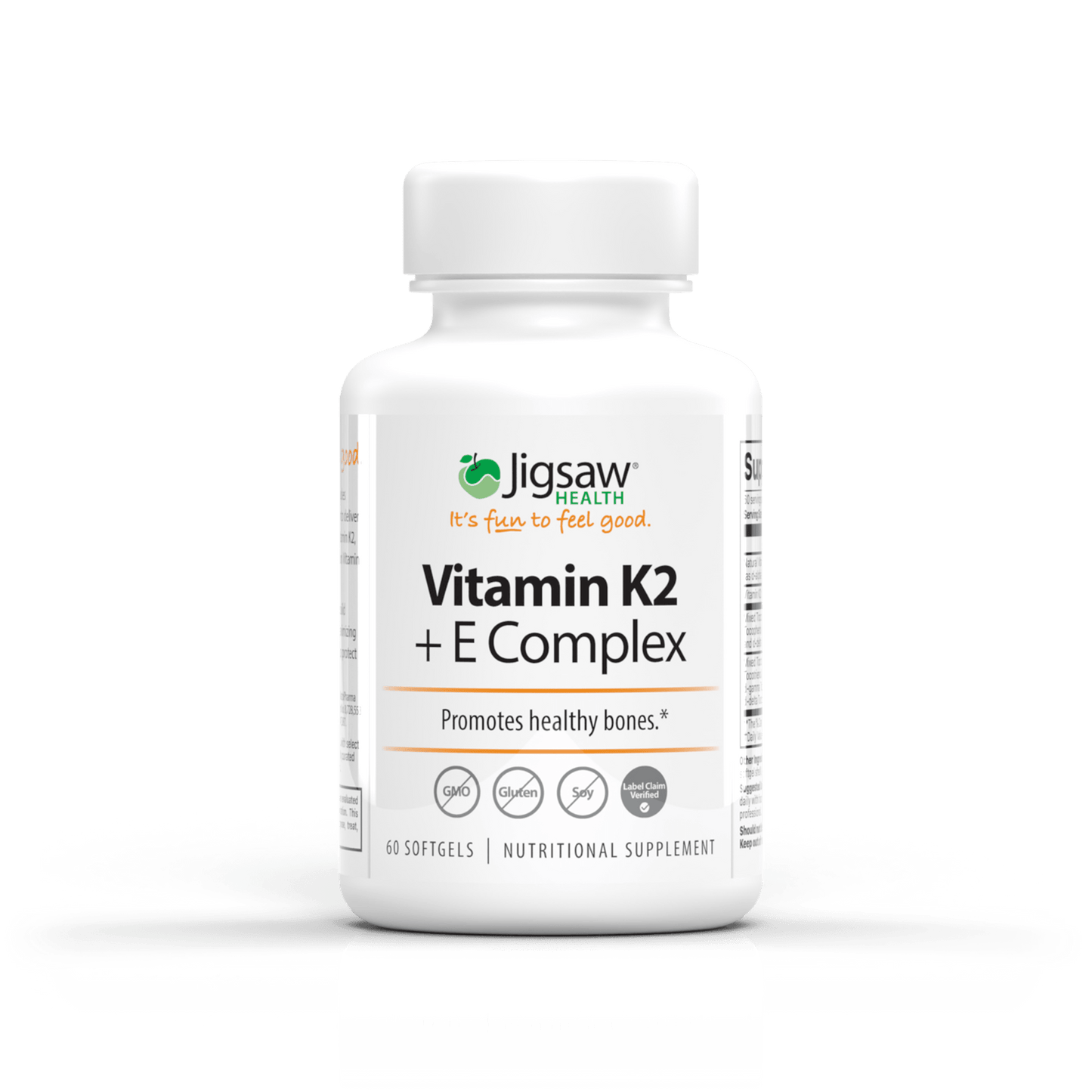 Jigsaw Health Vitamin K2 + E Complex supplement bottle for healthy bones and calcium absorption.