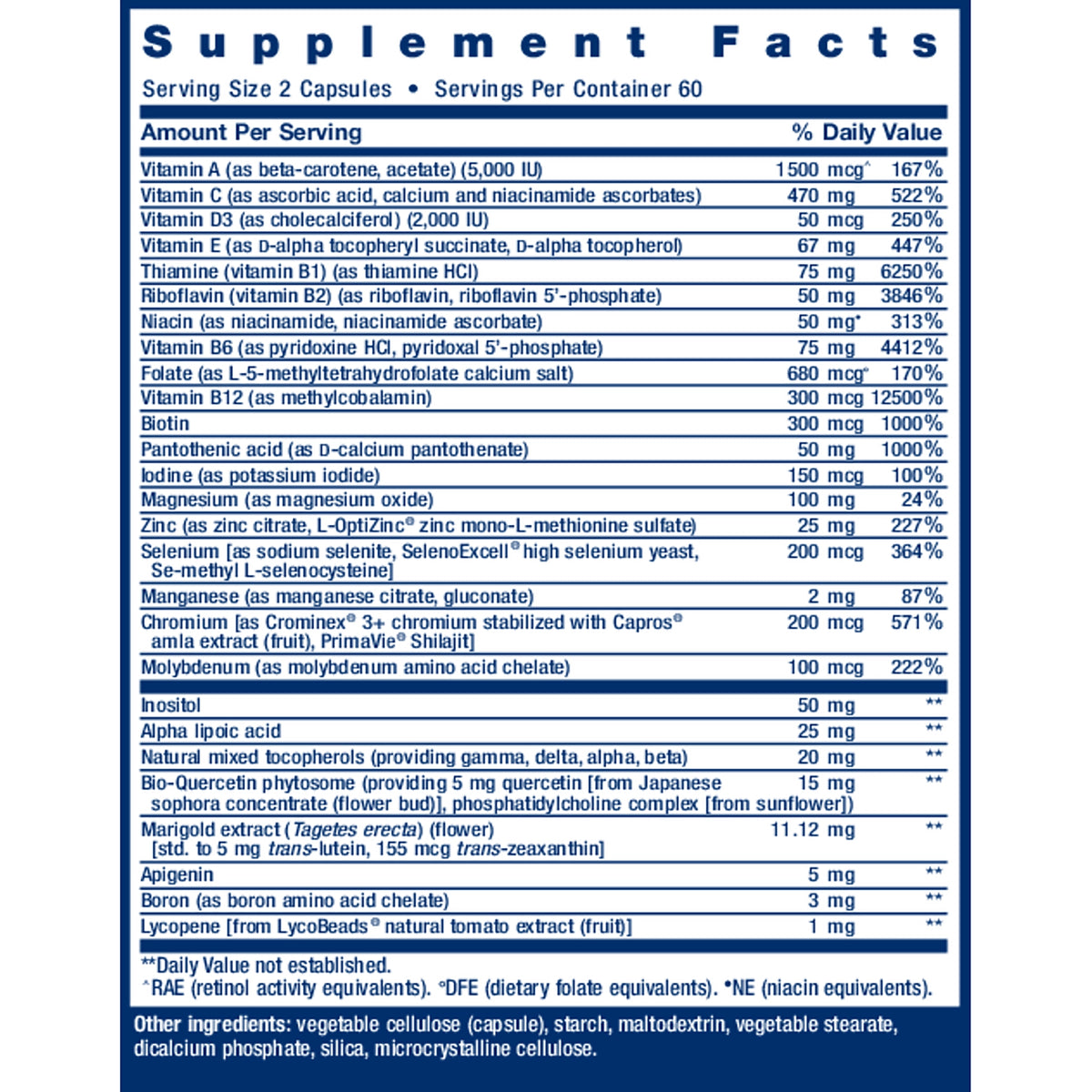 life extension two-per-day multivitamin supplement facts label