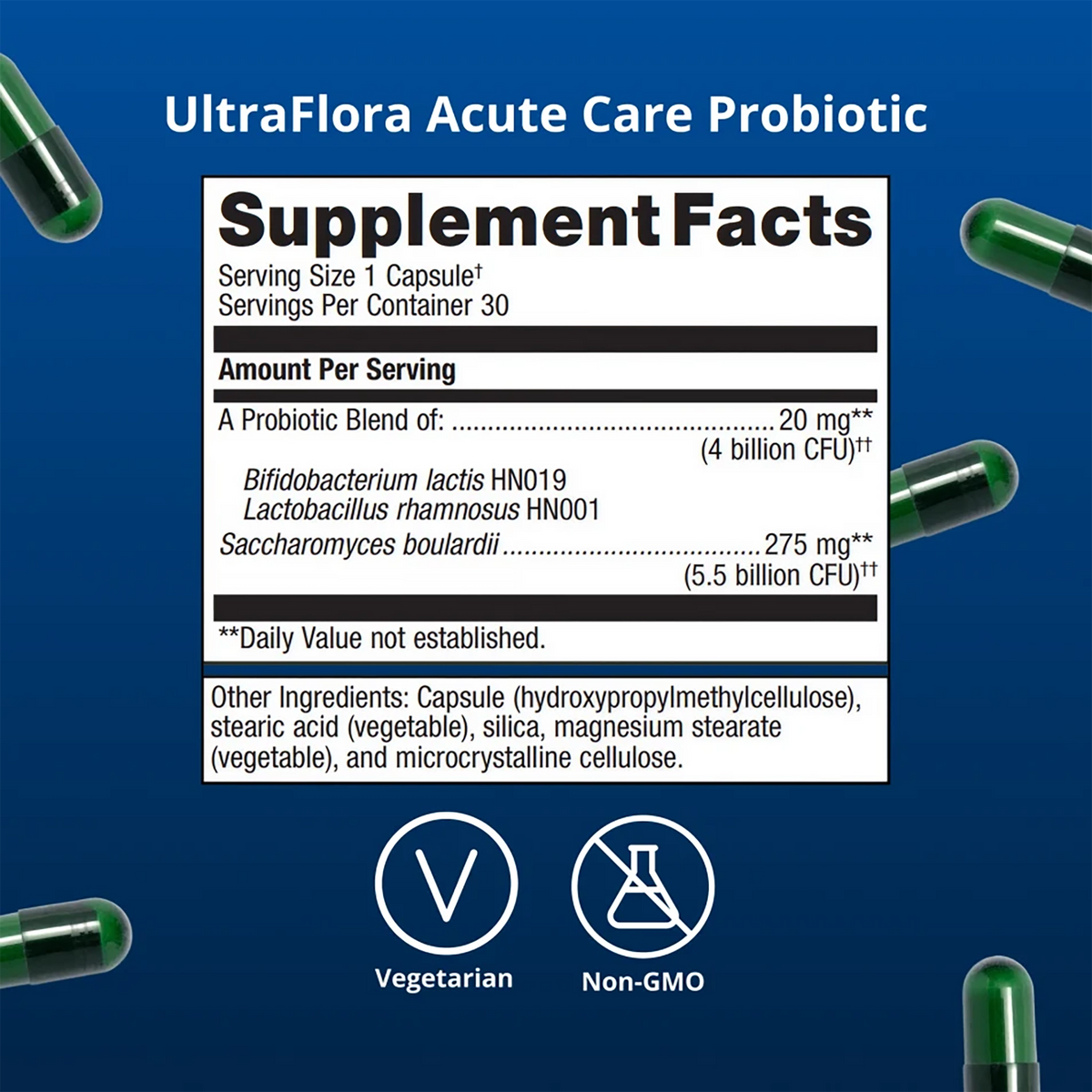 metagenics gut relief duo ultraflora acute care probiotic supplement facts label