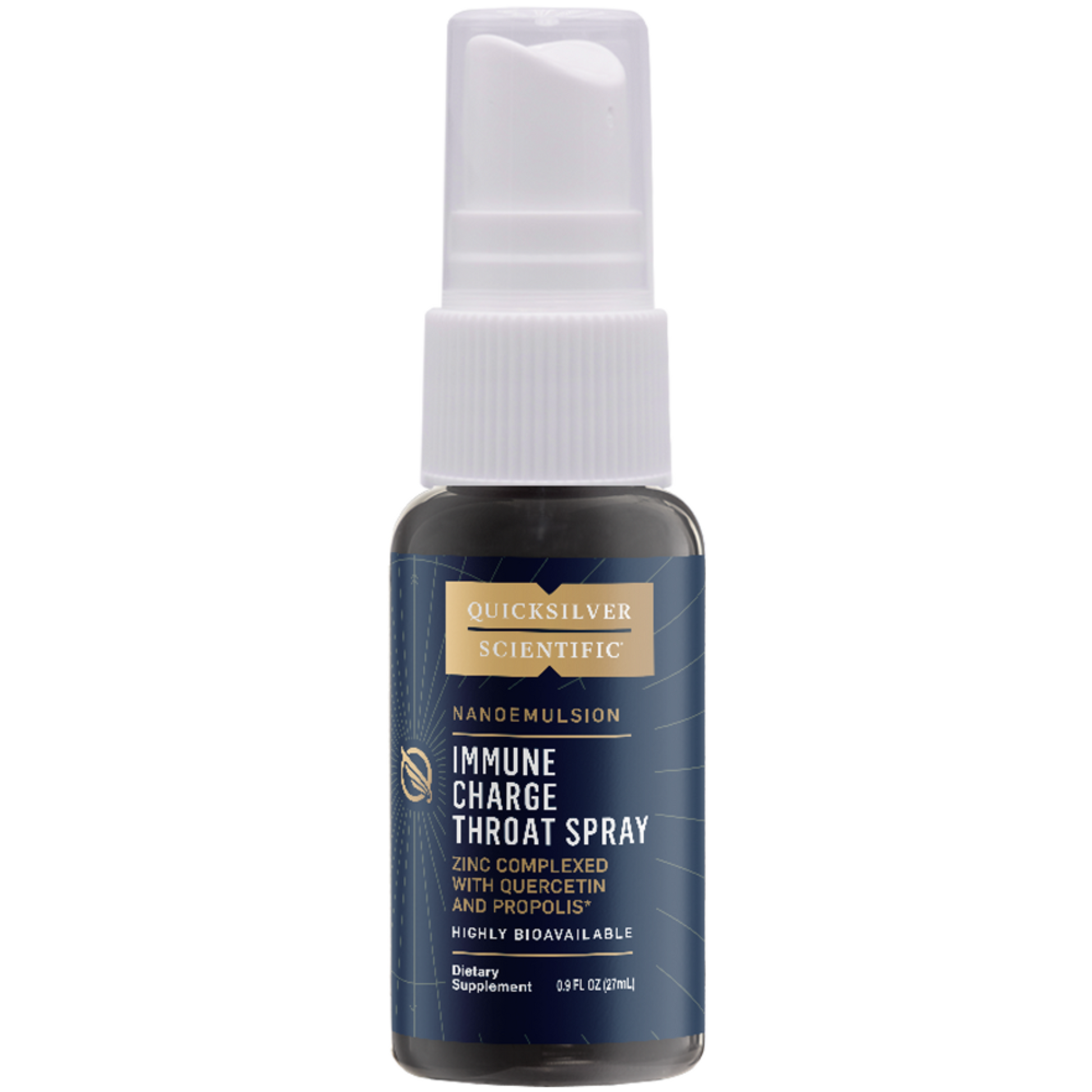 Quicksilver Scientific Immune Charge+ throat spray with zinc, quercetin, and liposomal absorption technology in a 0.9 oz bottle