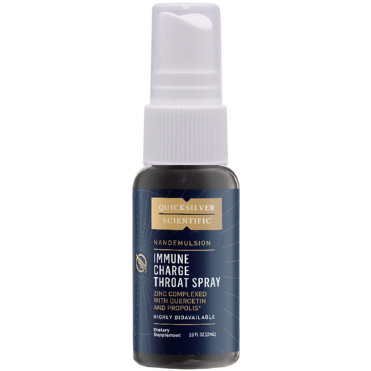 Quicksilver Scientific Immune Charge+ throat spray with zinc, quercetin, and liposomal absorption technology in a 0.9 oz bottle
