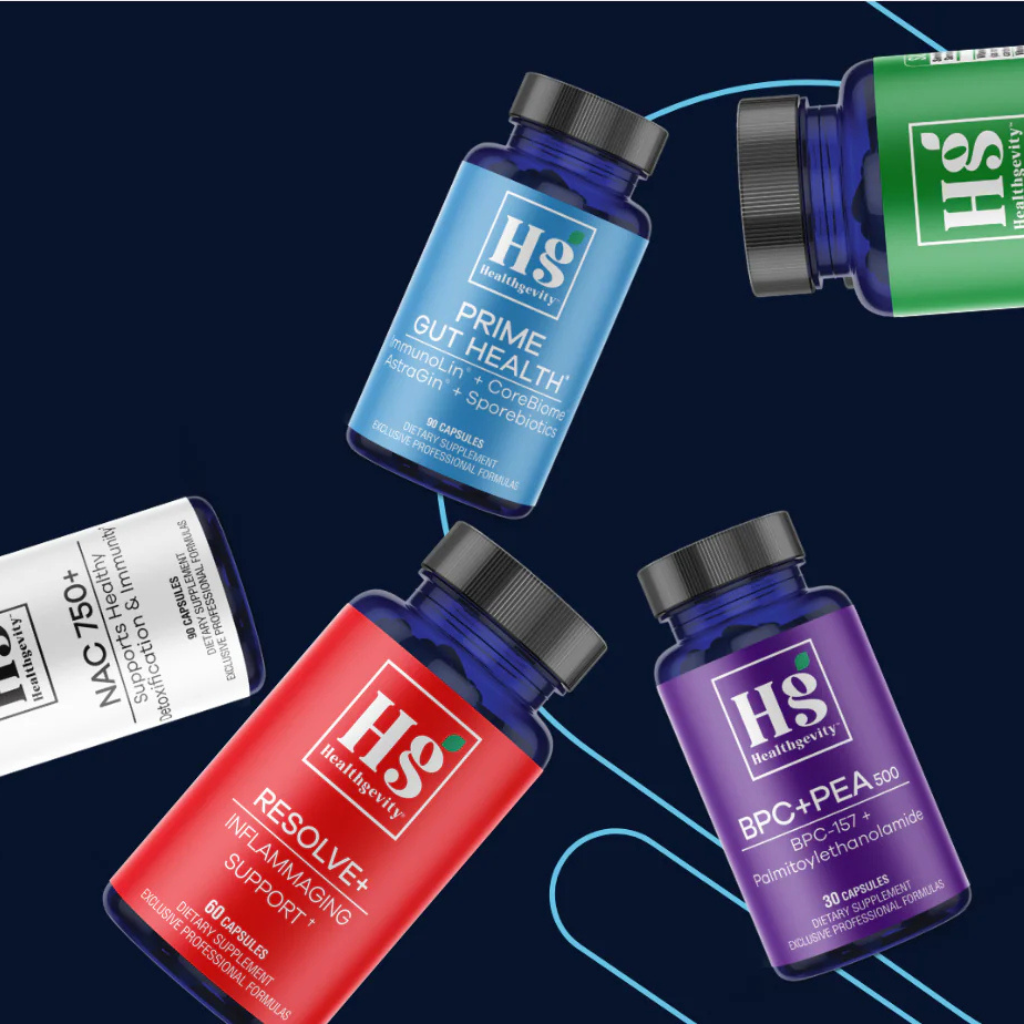 Healthgevity supplements on neutral background—cellular and longevity support.