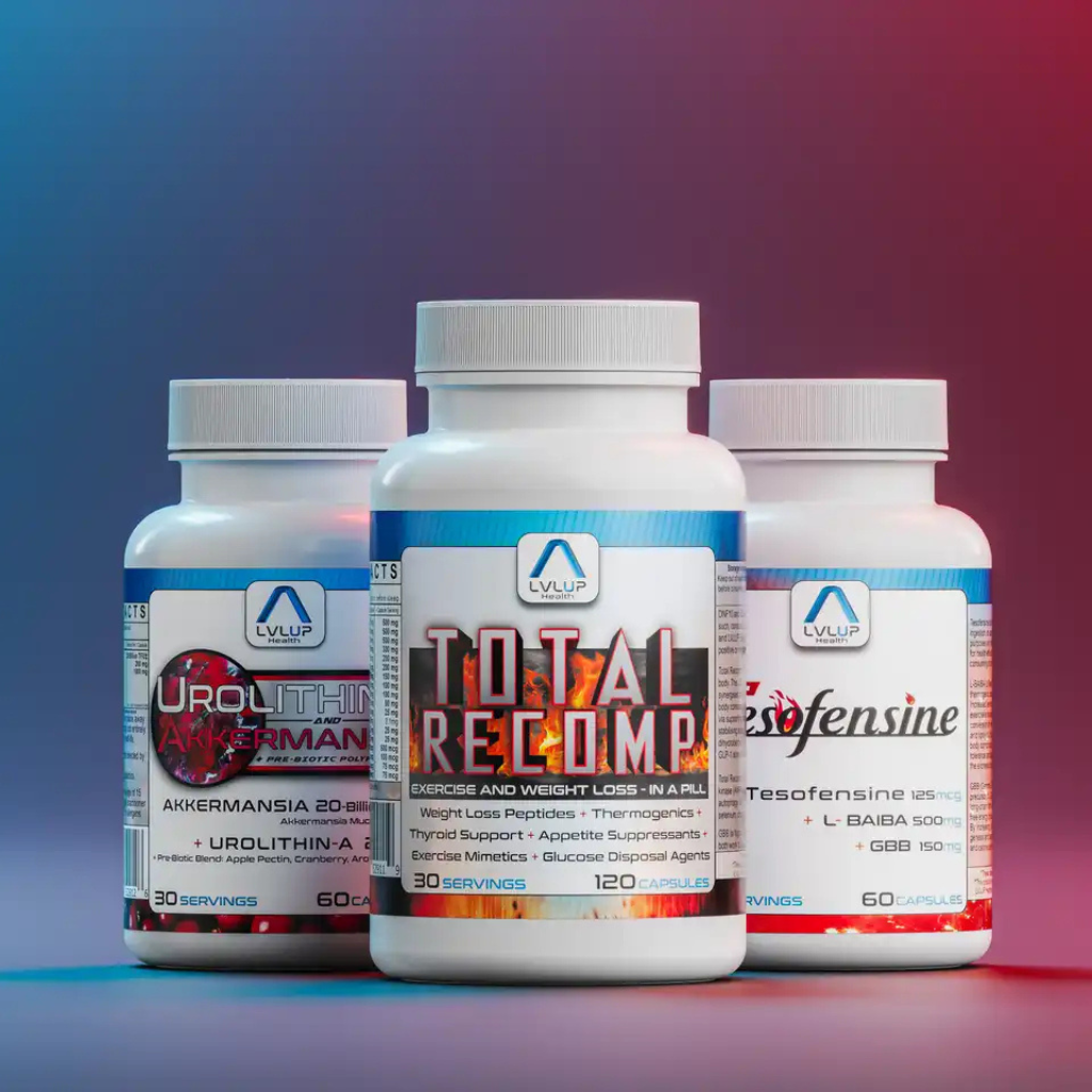 LVLUP Health supplements on neutral background—performance and wellness support.
