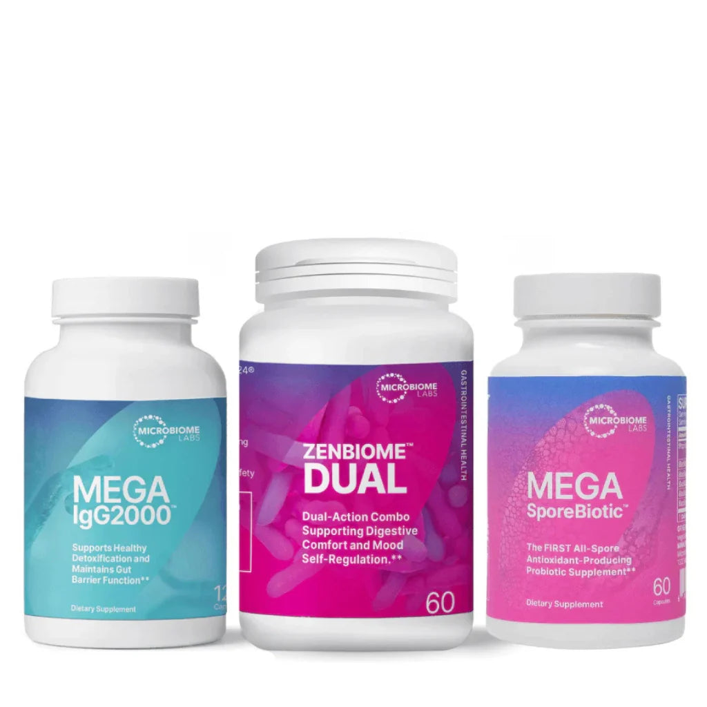Bottles of Microbiome Labs gut health supplements.