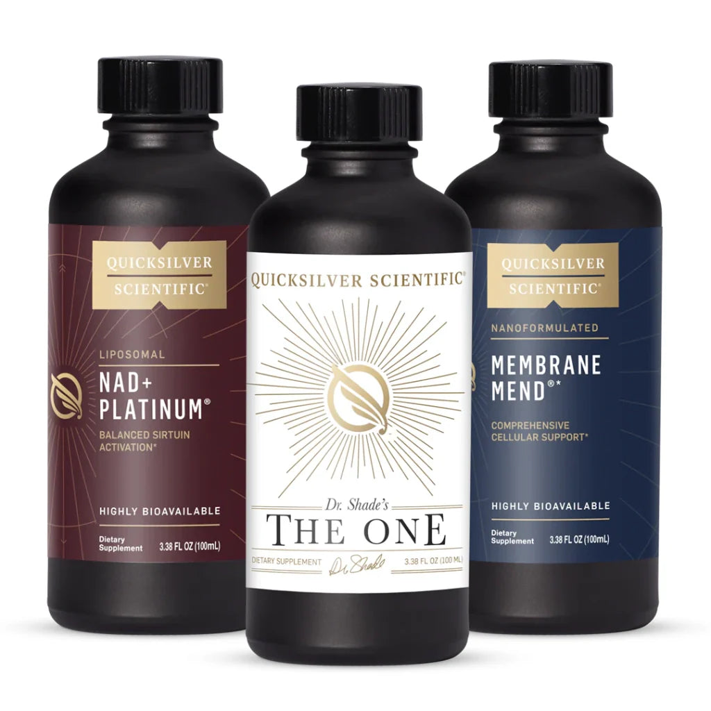 Bottles of Quicksilver Scientific's Biohacking bundle of supplements.
