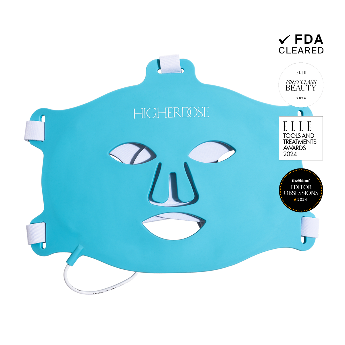 HigherDOSE cordless blue silicone Red Light Face Mask with LED therapy for skin rejuvenation and mood boost.