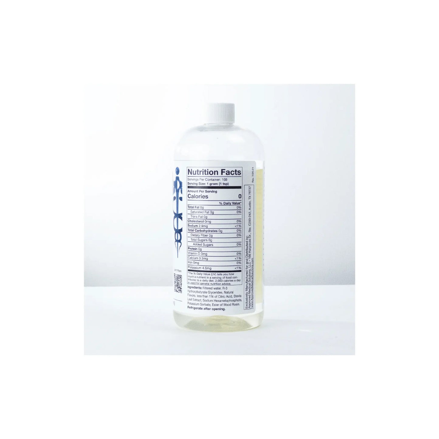 Back view of Approved Medical Solutions Clean Ketone Hydration 28 oz bulk size bottle supplement facts panel