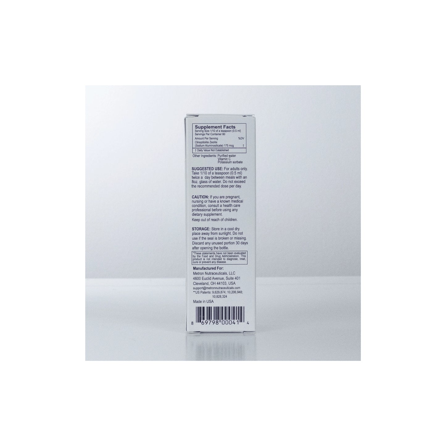 Back view of ClearDrops box detailing the triple-patented zeolite technology and supplement facts panel