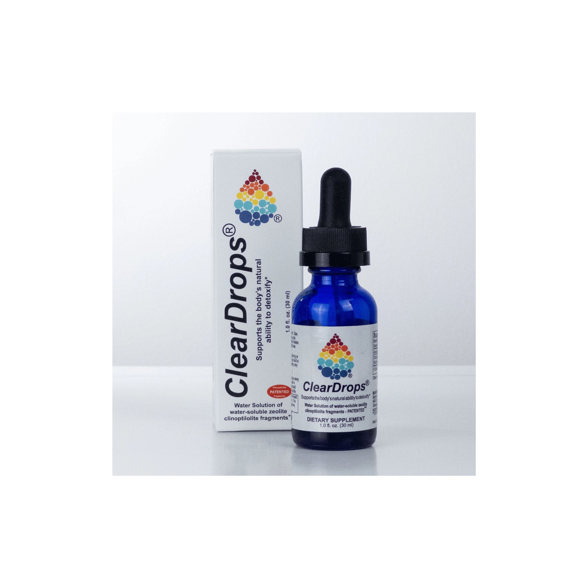Front view of the Approved Medical Solutions ClearDrops 1 oz bottle and packaging highlighting the systemic bioavailable zeolite formula