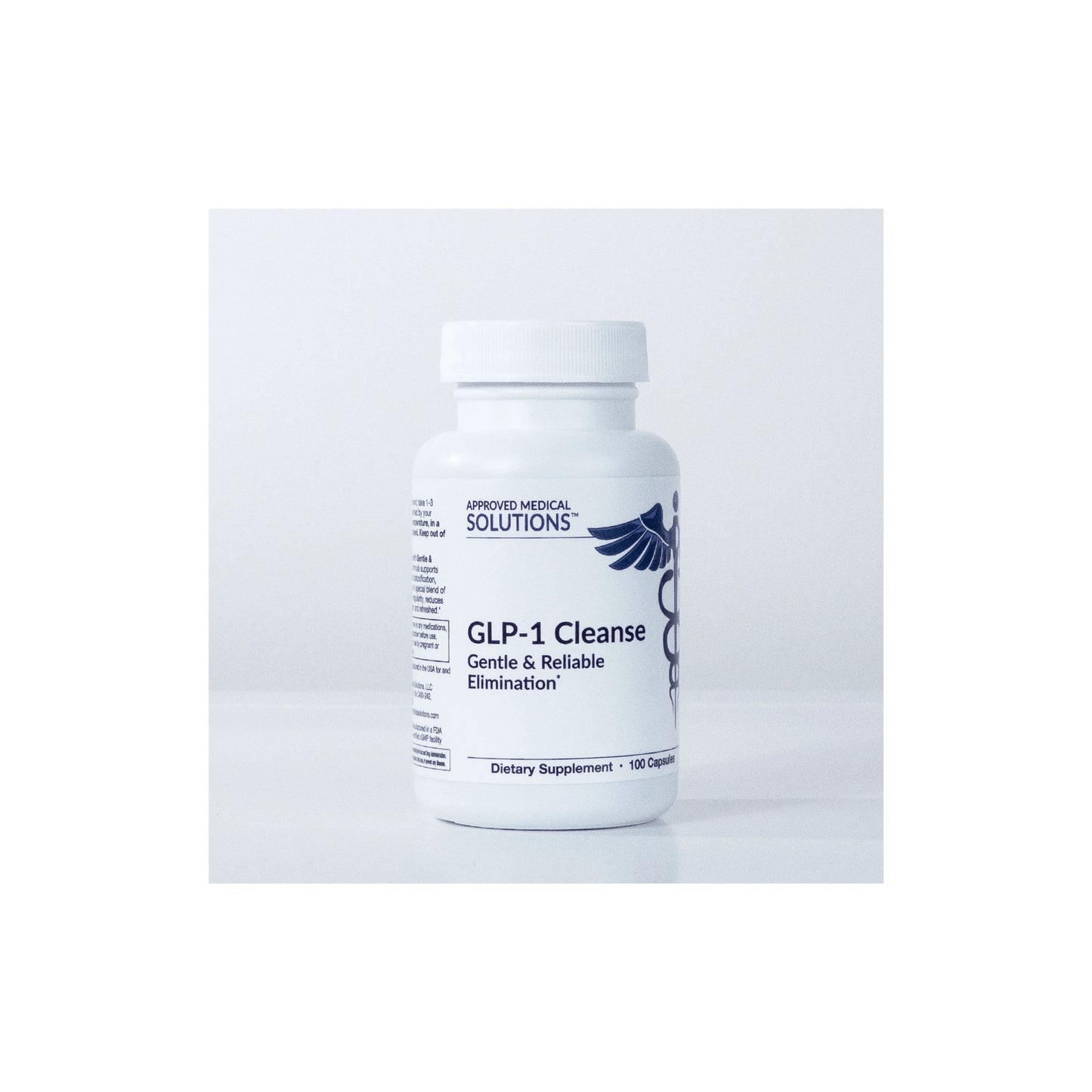 Front view of Approved Medical Solutions GLP-1 Cleanse 100 count bottle for long term metabolic support
