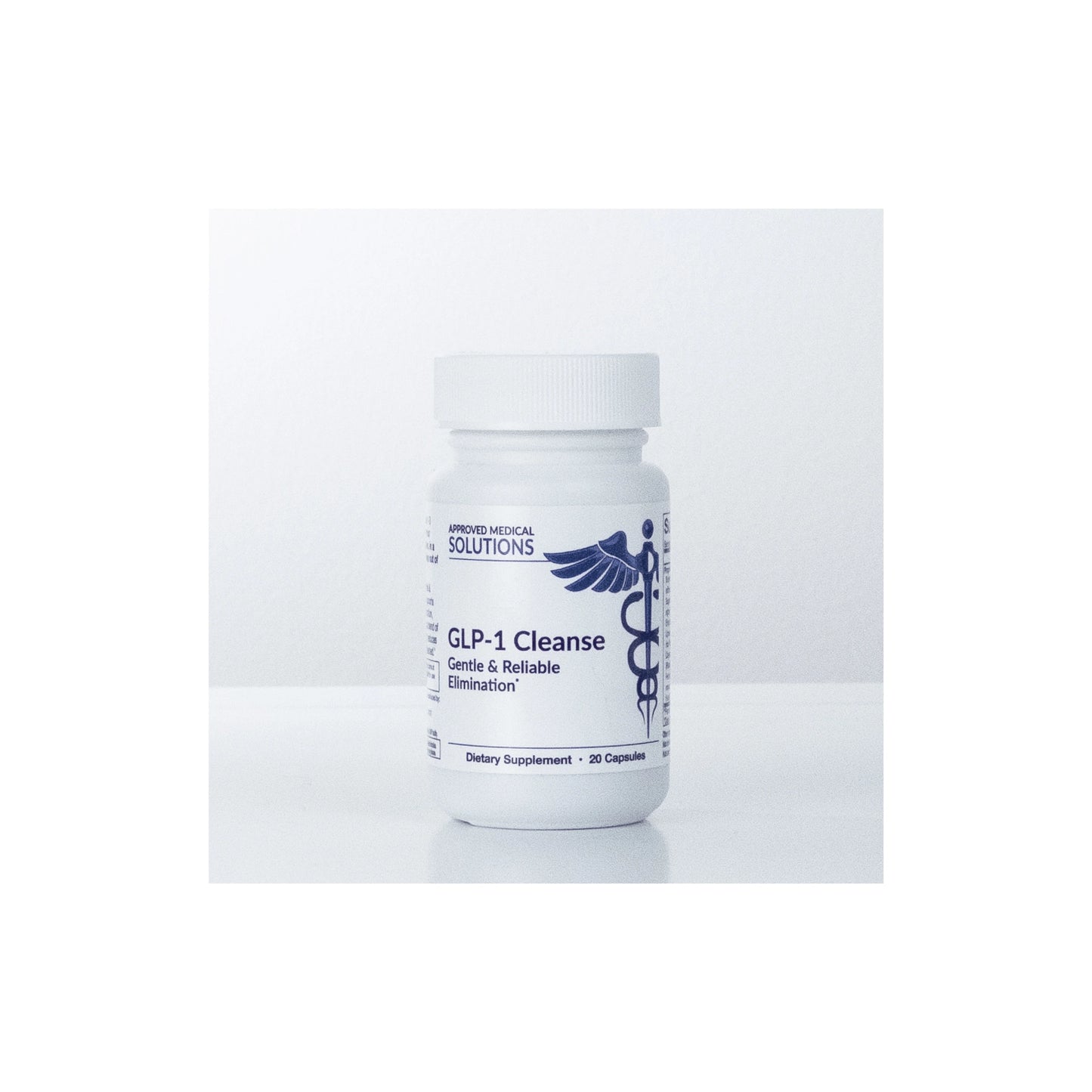 Front view of Approved Medical Solutions GLP-1 Cleanse 20 count travel size bottle