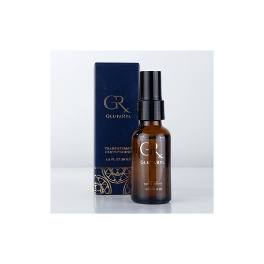 Front view of the Approved Medical Solutions Glutaryl Antioxidant Glutathione 1 oz spray bottle and its protective packaging box
