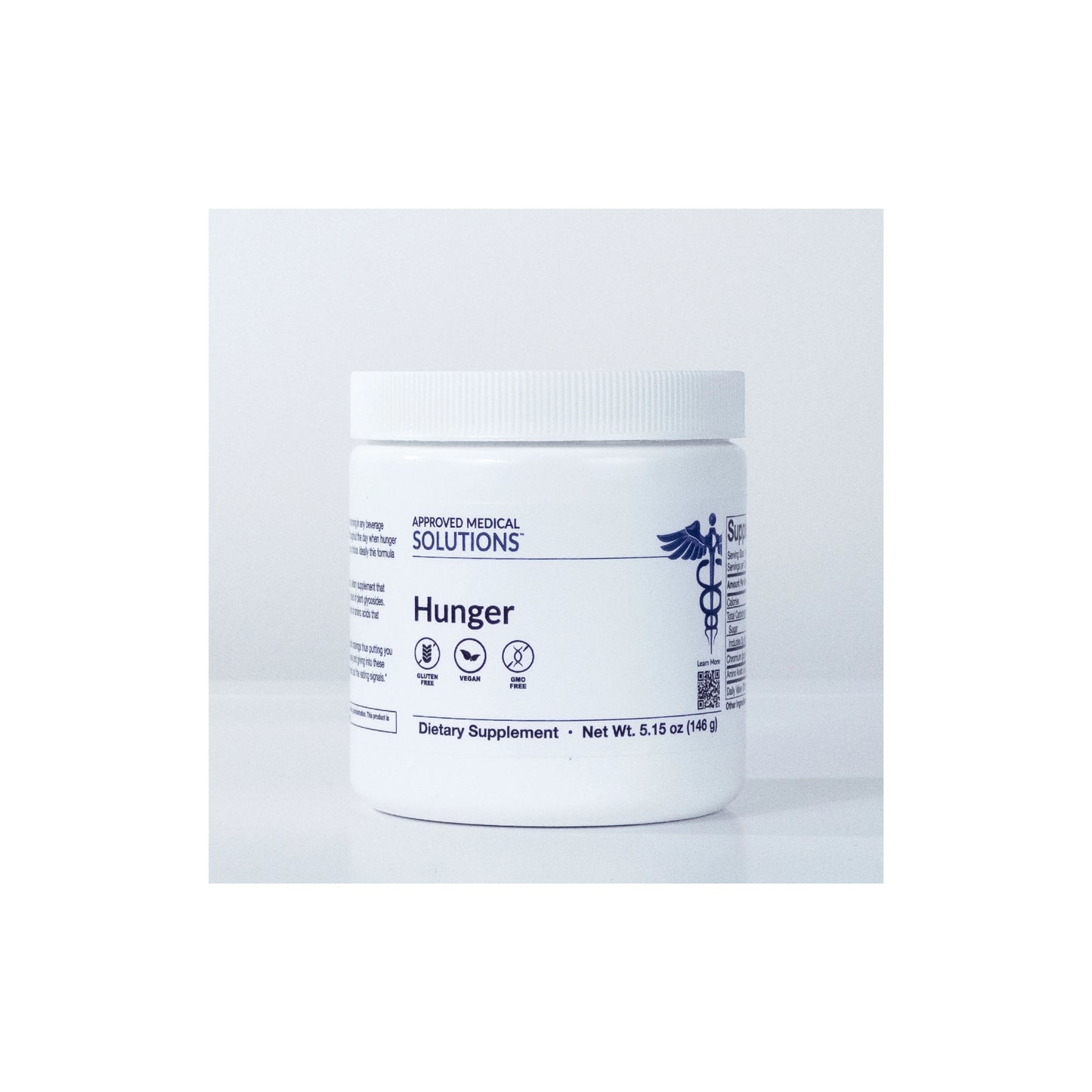 Front view of Approved Medical Solutions Hunger supplement container showing the advanced appetite and satiety formula