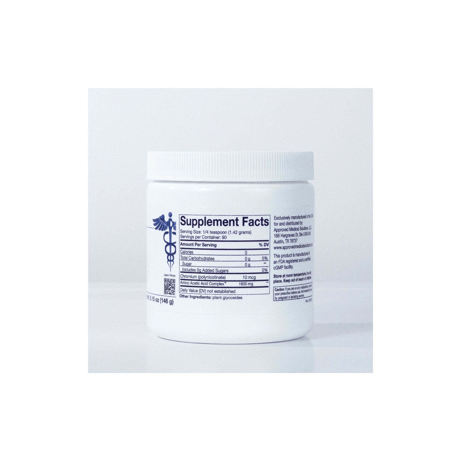 Back view of Approved Medical Solutions Hunger container supplement facts label detailing the targeted botanical and nutrient profile
