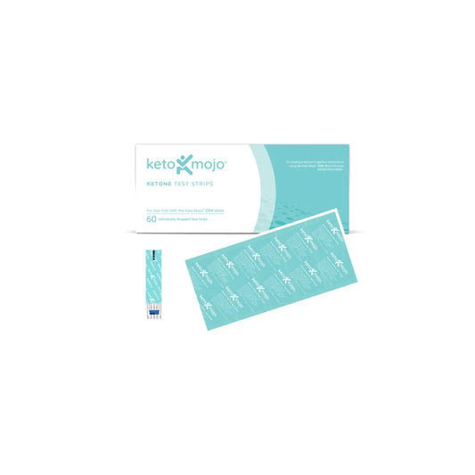 Front view of the GK+ Ketone Test Strips 60 count box alongside an individually foil wrapped test strip