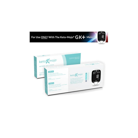 Two boxes of GK+ Ketone Test Strips with a graphic stating these strips are only for use with the Keto-Mojo GK+ test meter