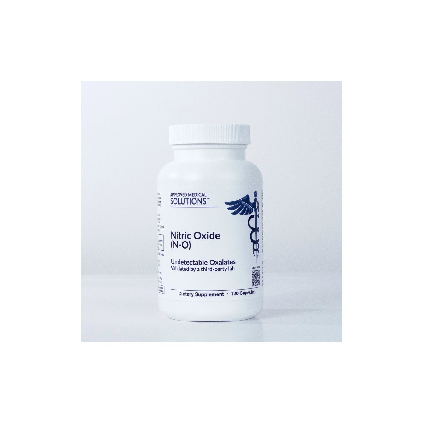 Front view of Approved Medical Solutions Nitric Oxide N-O 120 capsules bottle highlighting the advanced circulation and cardiovascular support formula