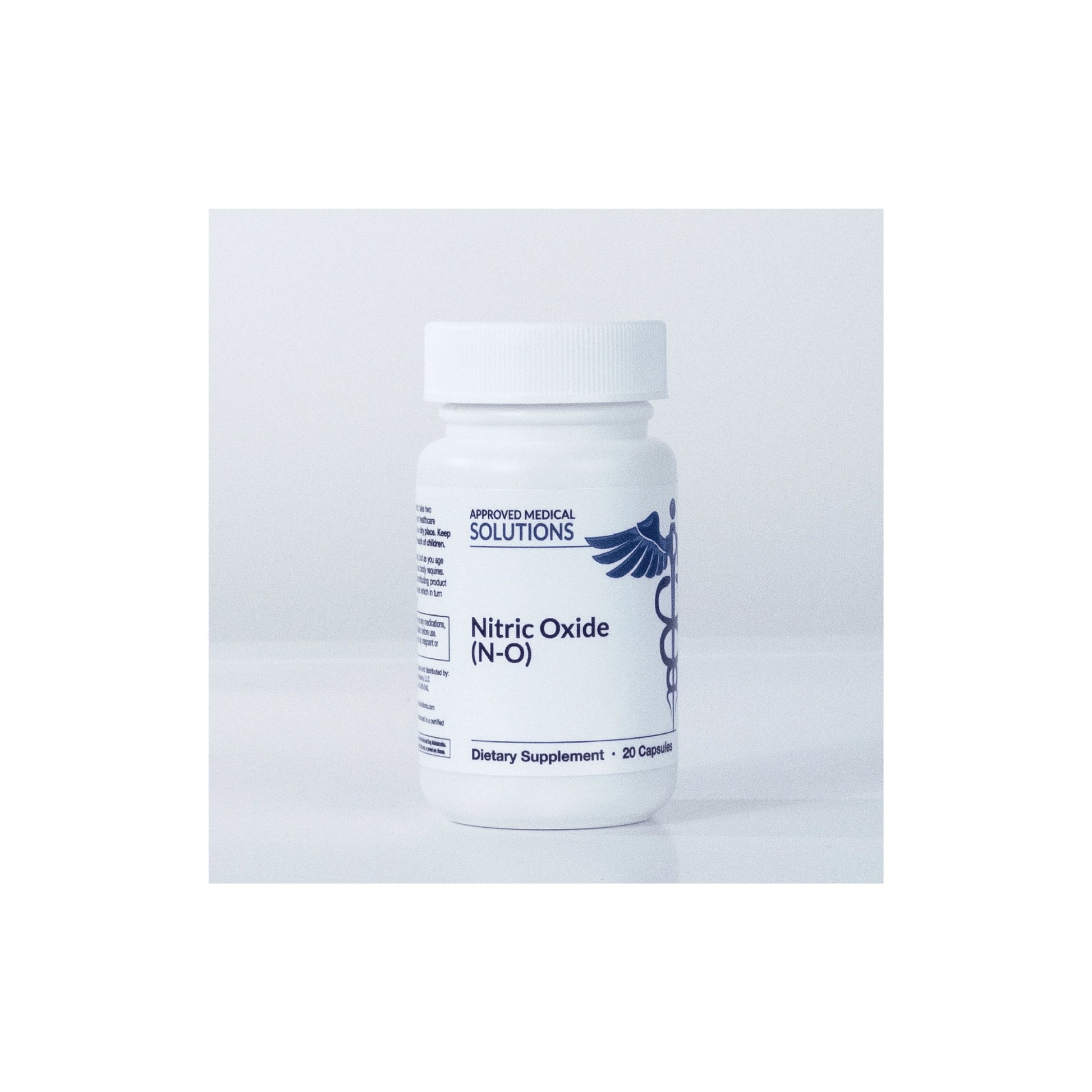 Front view of Approved Medical Solutions Nitric Oxide N-O 20 capsules bottle highlighting the advanced circulation and cardiovascular support formula