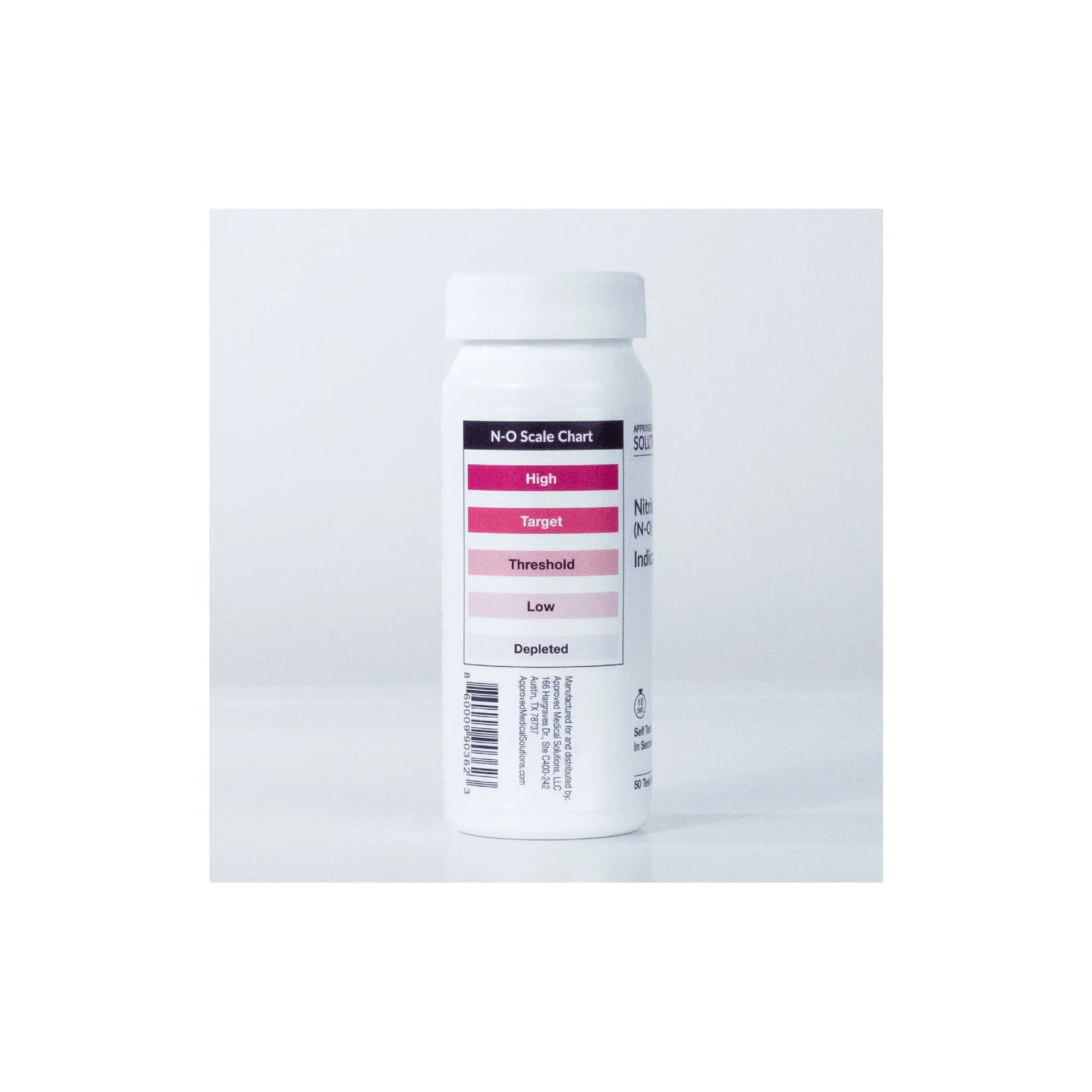 Side view of Approved Medical Solutions Nitric Oxide Indicator Strips container showing N-O scale chart