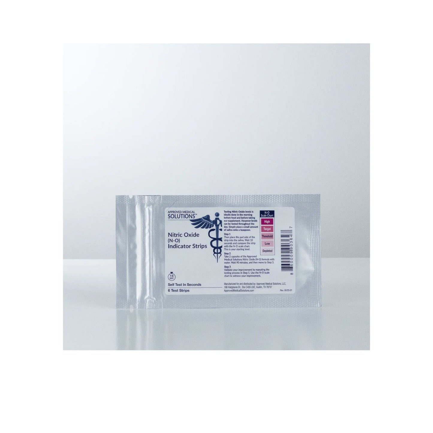 Front view of Approved Medical Solutions Nitric Oxide Indicator Strips 6 count package