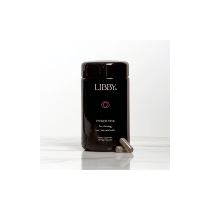 Front view of The Libby System Power Trip 60 capsules jar highlighting the specialized hair skin and nails nourishment formula