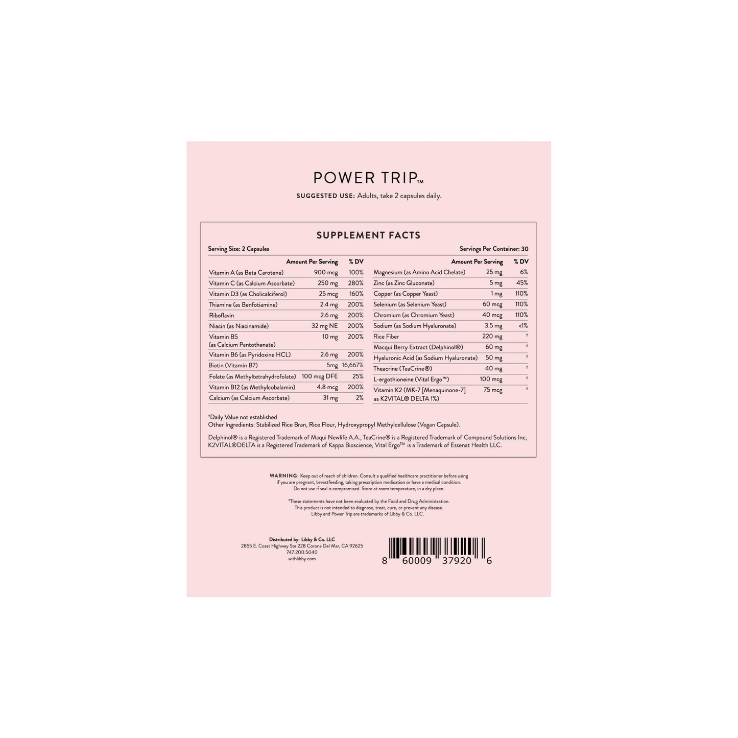 Power Trip supplement facts label detailing the essential vitamins and minerals for beauty and vitality