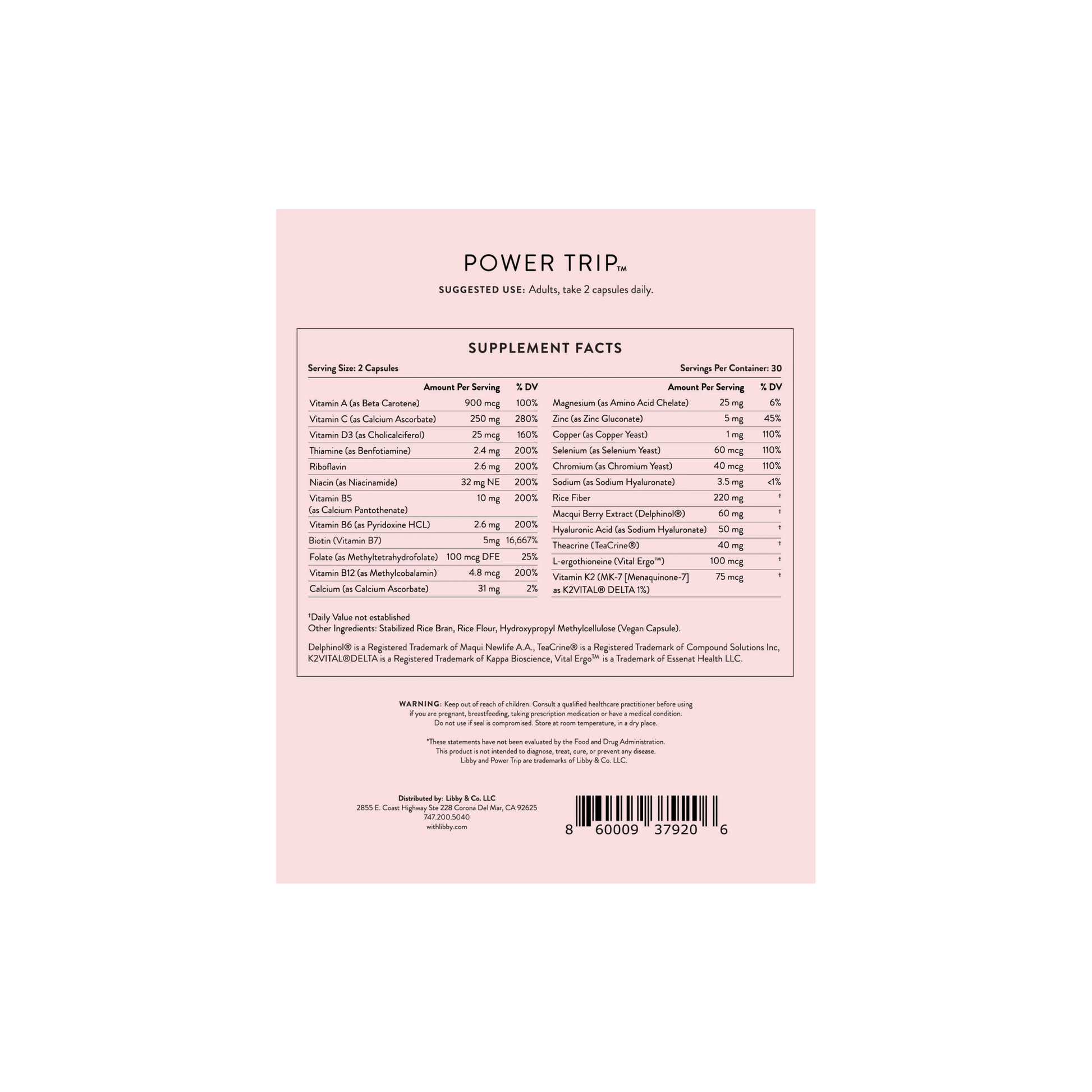 Power Trip supplement facts label detailing the essential vitamins and minerals for beauty and vitality