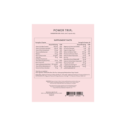 Power Trip supplement facts label detailing the essential vitamins and minerals for beauty and vitality