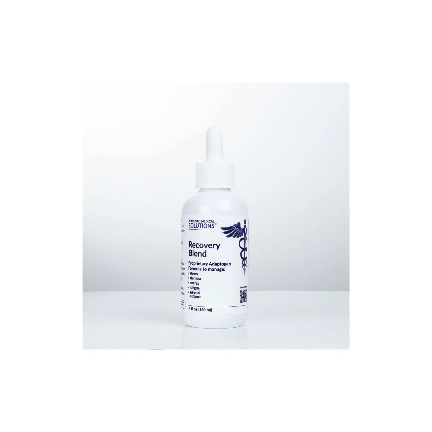 Front view of Approved Medical Solutions Recovery Blend 4 ounce bottle highlighting the advanced tissue repair and metabolic recovery formula