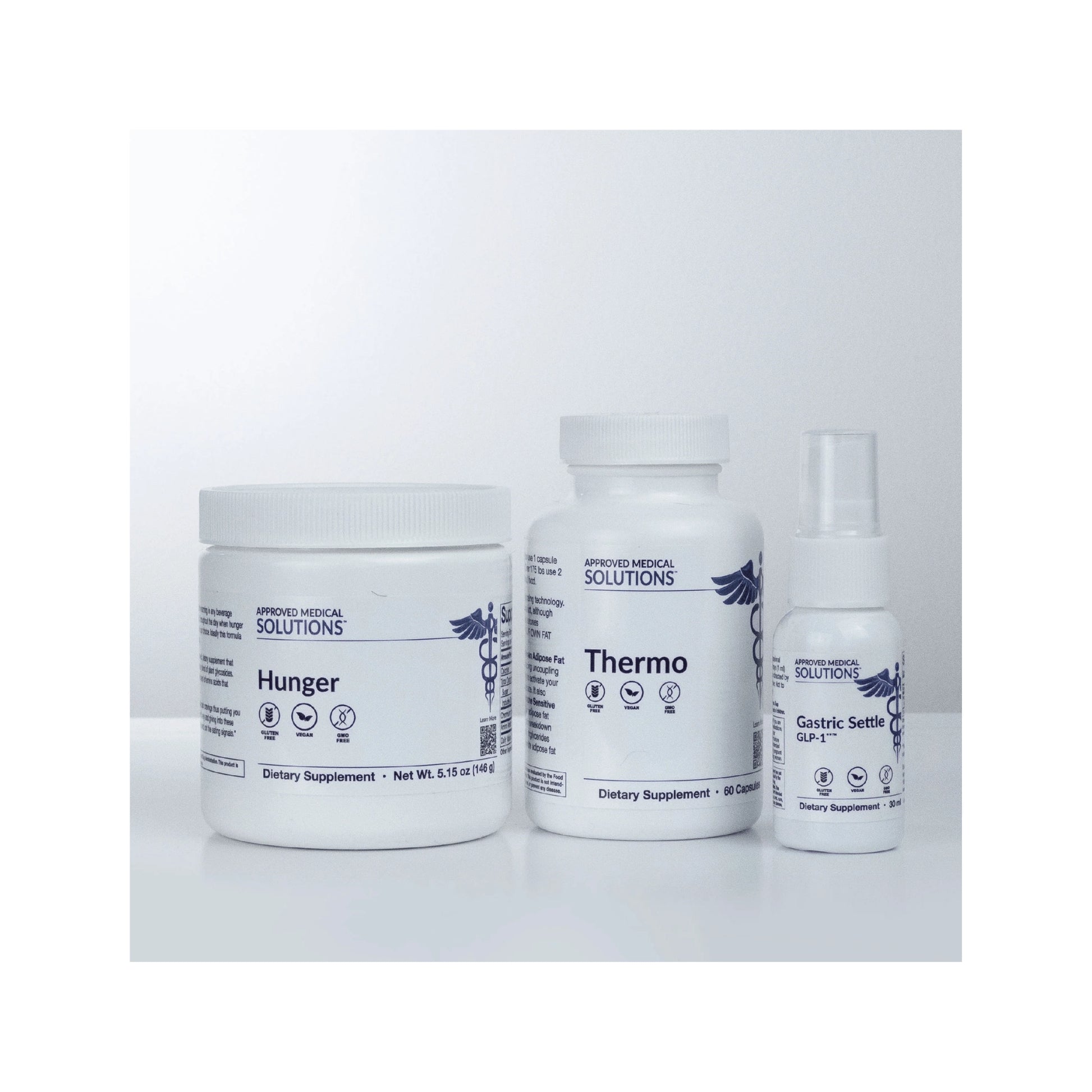 Group shot of the Approved Medical Solutions Semaglutide Success Support Bundle featuring GLP-1 Cleanse Thermo GLP-1 and Hunger