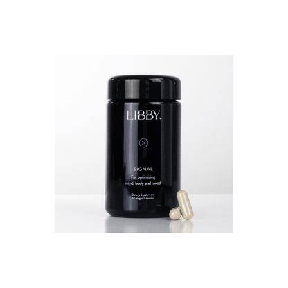 Front view of The Libby System Signal 60 capsules jar highlighting the patented daily wellness formula for mind body and mood