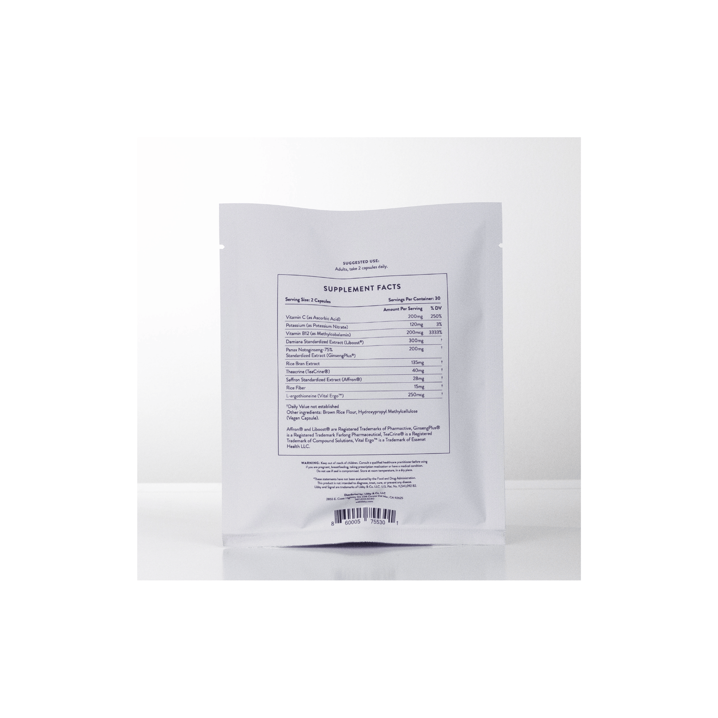 Rear view of the Signal pouch label detailing the ingredients for optimizing female vitality and wellness