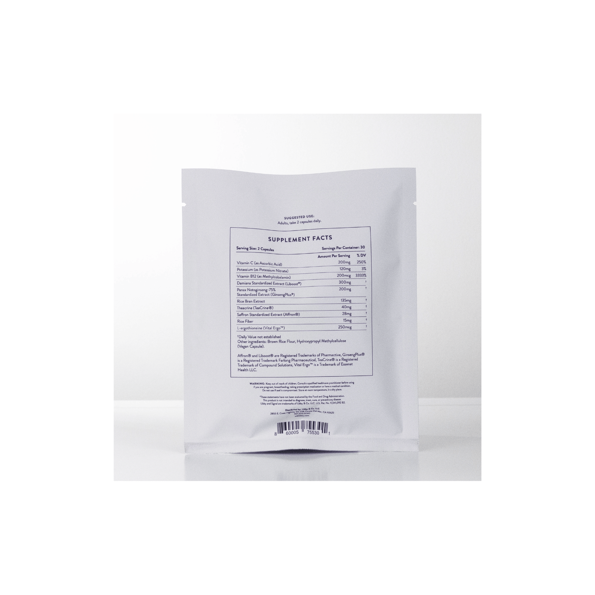 Rear view of the Signal pouch label detailing the ingredients for optimizing female vitality and wellness