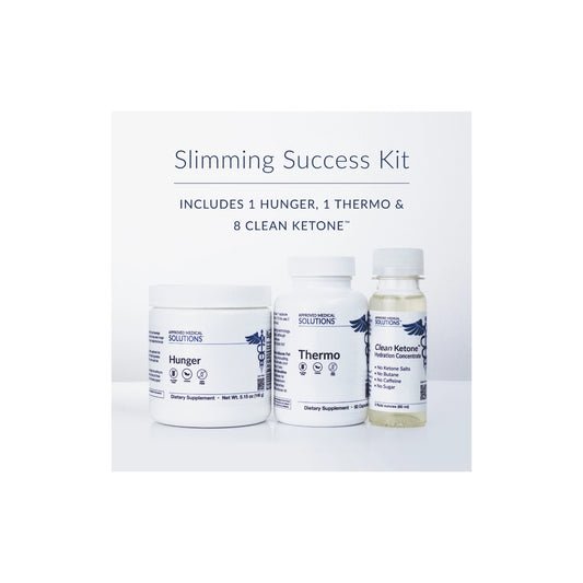 Group shot of the Slimming Success Starter Kit including one bottle each of Hunger Thermo GLP-1 and Clean Ketone Hydration