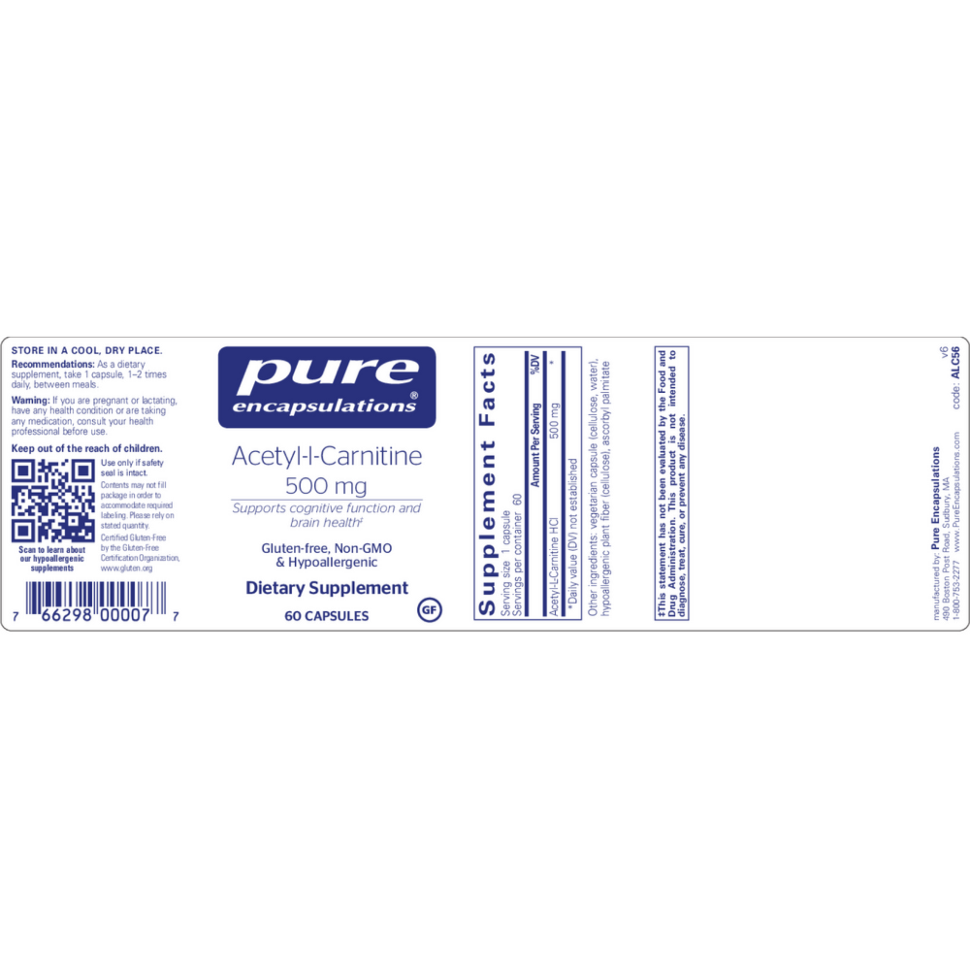 Acetyl I Carnitine 500 Mg Pure Encapsulations Label