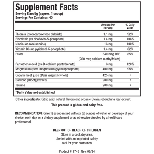 Acti-Mag Plus supplement facts panel by Biotics Research showing magnesium glycerophosphate, taurine, and organic beetroot juice