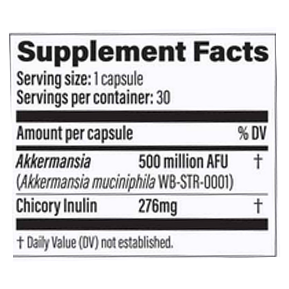 The ingredients list for a bottle of Akkermansia 500 by Pendulum for gut health.