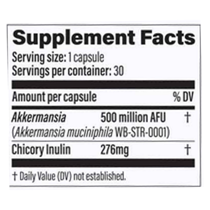 The ingredients list for a bottle of Akkermansia 500 by Pendulum for gut health.