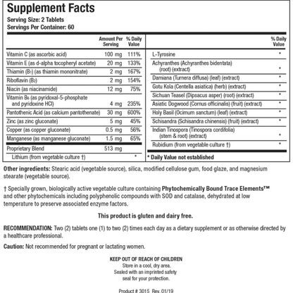ADHS supplement facts panel by Biotics Research showing the blend of vitamins, minerals, and herbal adaptogens