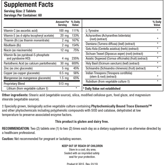 ADHS supplement facts panel by Biotics Research showing the blend of vitamins, minerals, and herbal adaptogens