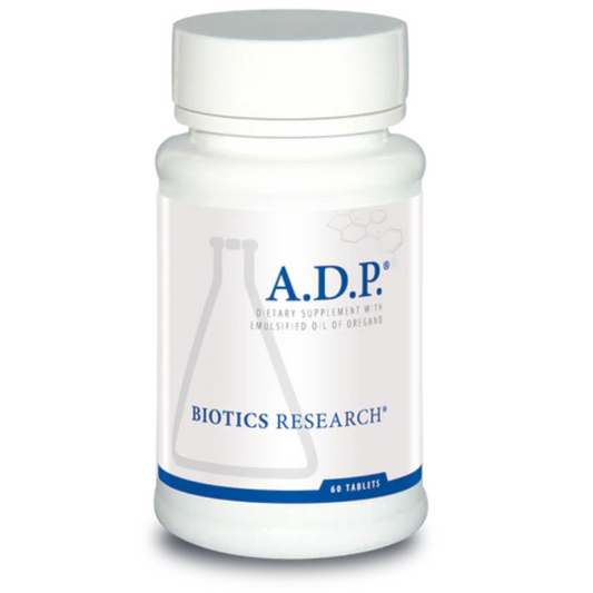 A.D.P. bottle by Biotics Research featuring patented emulsified oil of oregano for intestinal support