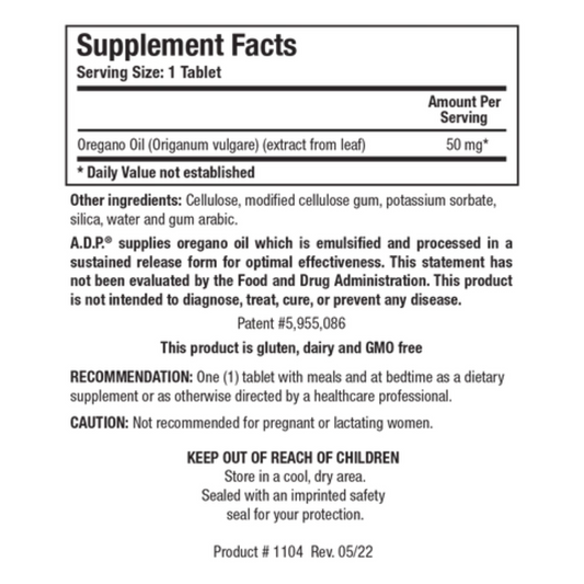 A.D.P. supplement facts panel by Biotics Research showing emulsified oil of oregano with sustained release technology