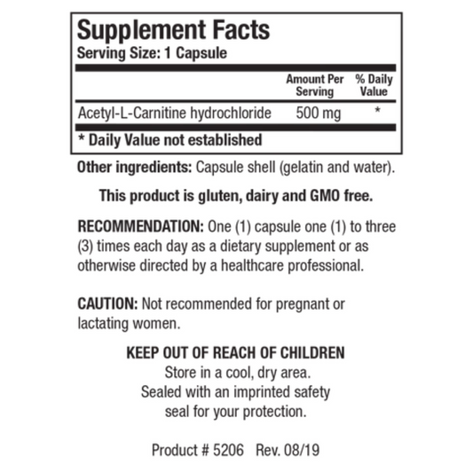 Acetyl-L-Carnitine supplement facts panel by Biotics Research showing ALC for central nervous system and metabolic support