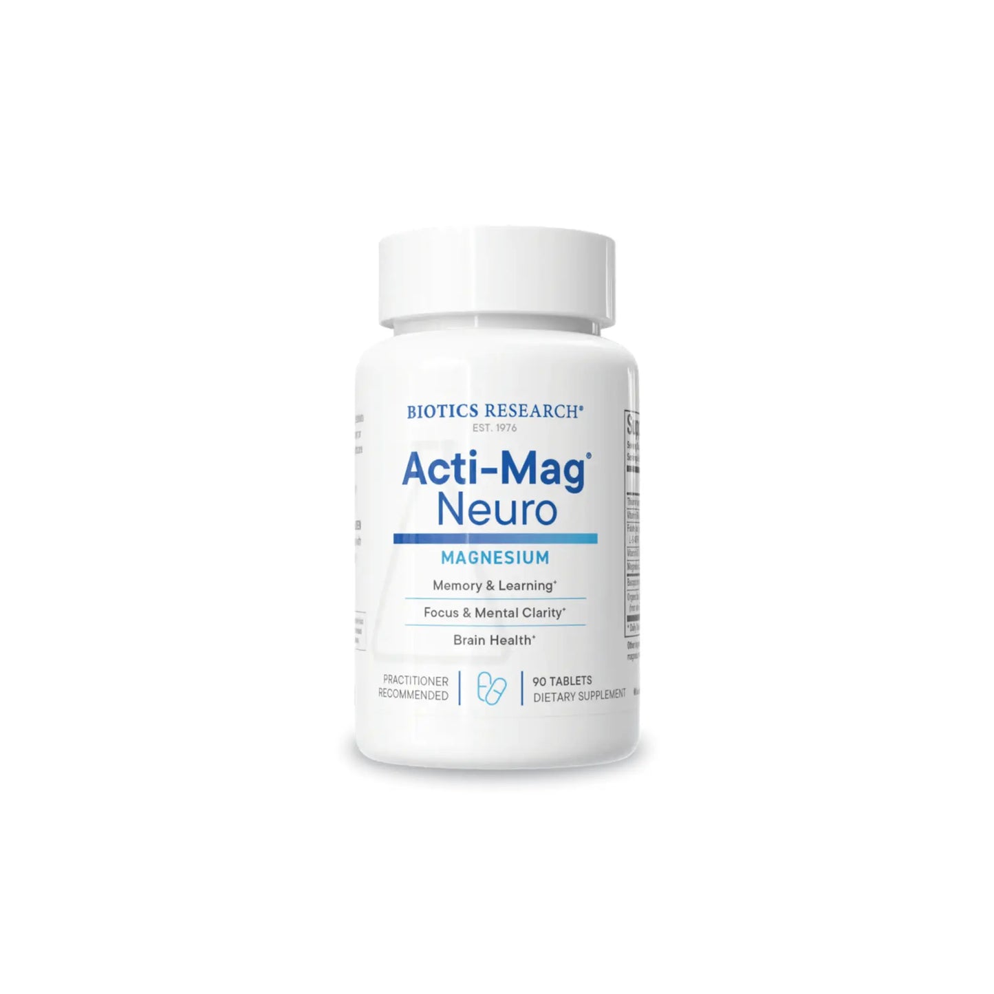 Front view of the Biotics Research Acti Mag Neuro tablet bottle highlighting the magnesium and BacoMind cognitive support formula