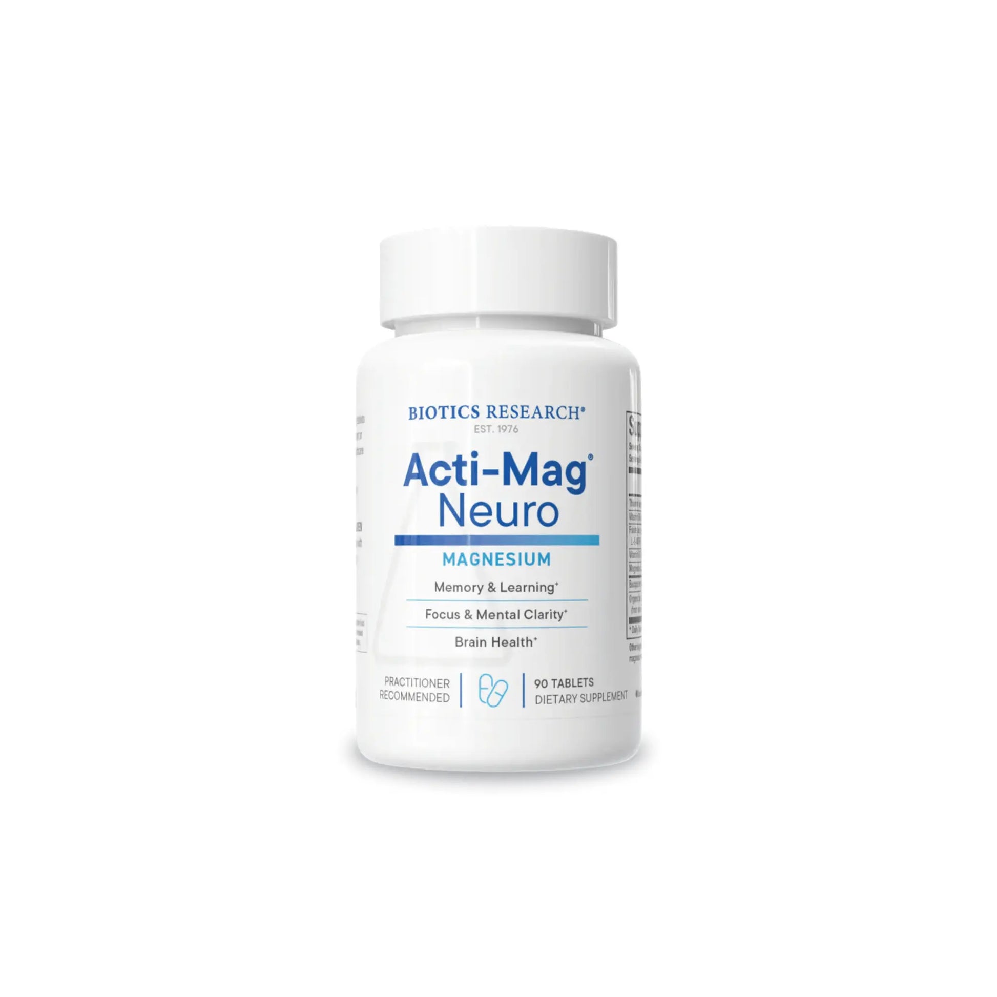 Front view of the Biotics Research Acti Mag Neuro tablet bottle highlighting the magnesium and BacoMind cognitive support formula