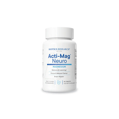 Front view of the Biotics Research Acti Mag Neuro tablet bottle highlighting the magnesium and BacoMind cognitive support formula
