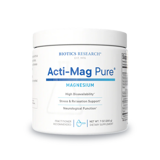 Acti-Mag Pure unflavored magnesium powder bottle by Biotics Research for energy and muscle support