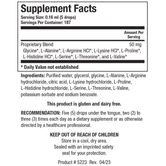 Amino Acid Quick-Sorb supplement facts label by Biotics Research showing the nine free-form L-amino acids