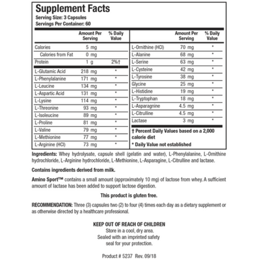 Amino Sport supplement facts panel by Biotics Research showing the broad spectrum amino acid profile